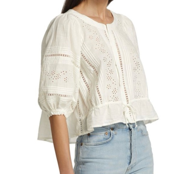Free People White Eyelet Embroidered Puff Sleeve babydoll Top Blouse Size Small - Picture 3 of 7